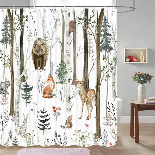 JAWO Rustic Forest Shower Curtains, Lodge Cabin Woodsy RV Shower Curtain, Wildlife Animals Woodland Campers Camping Bathroom Set with Hooks, 72X78 Inch, White
