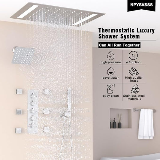 Thermostatic Shower System with 14x20 Inch Ceiling Mount LED Head & 6 Inch Wall Head and Handheld Shower 4 Function Vale with body jets Can All Run Together,Brushed Nickel