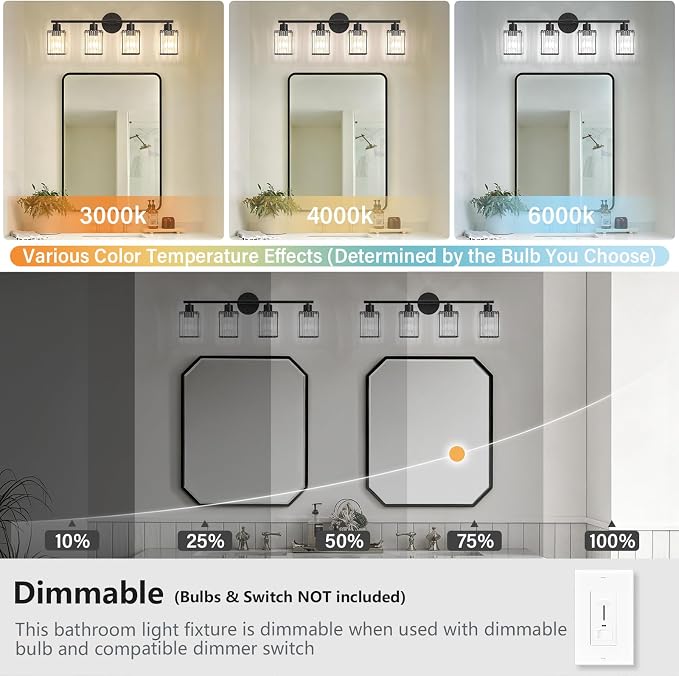 4 Light Bathroom Light Fixtures, Modern Crystal Vanity Lights over Mirror | Metal Frame, Bathroom Light with Square Crystal Shade, ETL Certified, E26 Ceramic Socket, Bulbs Not Included