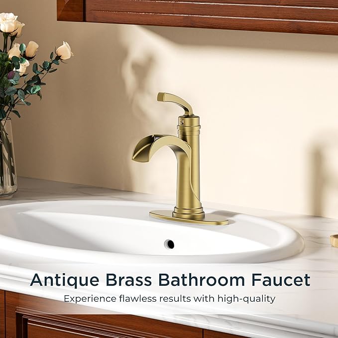 Forious Single Handle Bathroom Faucets Brushed Gold One Hole Antique Waterfall Bathroom Faucet with Metal Pop Up Drain and Deck Plate for Lavatory Vanity Farmhouse RV