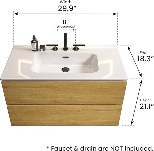 36" Bathroom Vanity with Sink, Modern Floating Vanity with Double Soft-Closing Drawers, Large Storage for Small Space, Natural Oak, Fully Assembled - Iris Collection