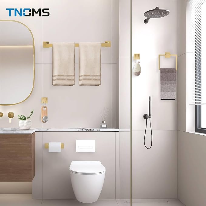 5-Piece Towel Bar Set Brushed Gold Bathroom Hardware Accessories Set Includes Upgraded Double Base Toilet Paper Holder,Modern Square Towel Holder Set Stainless Steel Wall Mount 23.6 Inch