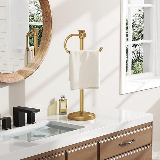 Stand Hand Towel Holder, Countertop Towel Bar, Brushed Gold | 17 Inch Bathroom Towel Hanger, Freestanding Vanity Counter Top Towel Holder, Towel Ring Hardware Accessories, Stainless Steel