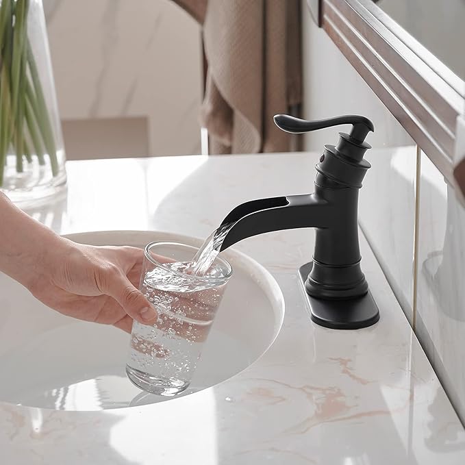 BWE Black Bathroom Faucet Matte Waterfall Sink Farmhouse Bath Vanity Single Hole Faucets One Handle Basin Antique centerset Restroom Mixer Tap Supply Line