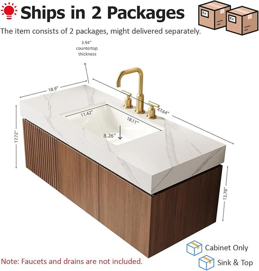 48" Floating Bathroom Vanity with Sink, Modern Plywood Bathroom Vanities with Drawer and Doors, Carrara White Sintered Stone Top and 3 Pre-drilled Faucet Holes Ceramic Basin, Pre-Assembled, Dark Oak