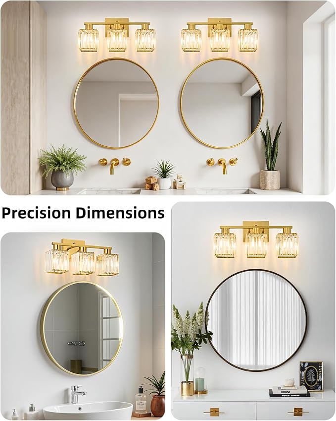 3-Light Bathroom Light Fixtures, Modern Gold Crystal Wall Light for Bathroom,Lighting Fixtures Over Mirror
