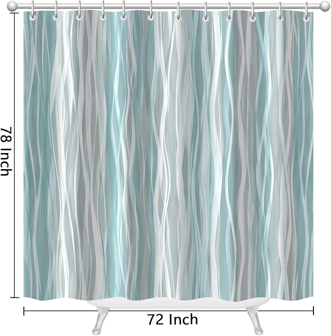 Moonslim Teal Grey Ombre Shower Curtain, Modern Wavy Abstract Striped Line Bathroom Curtain, Waterproof Fabric Bath Decor, 72 x 78 Inch