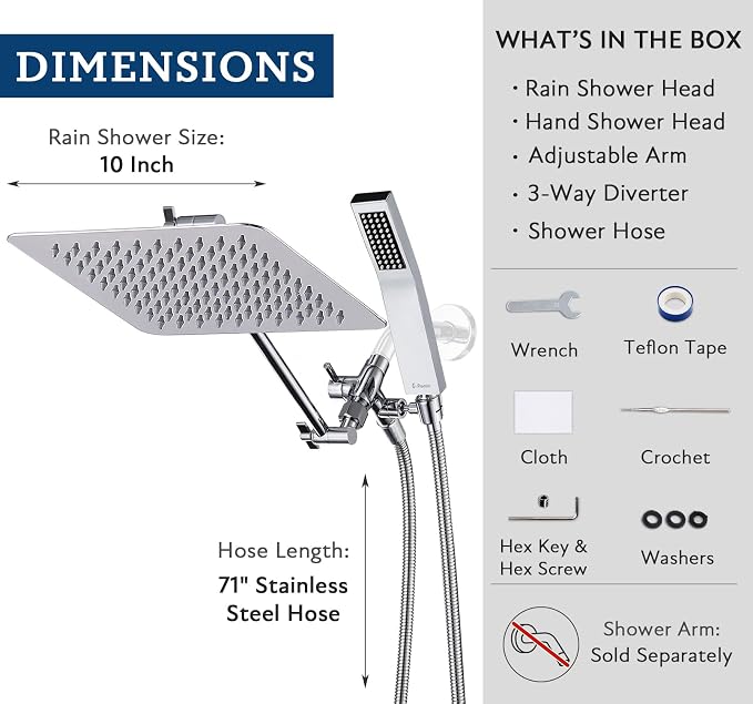 G-Promise All Metal 10" Dual Square Shower Head Combo | Rain Shower Head | Handheld Shower Wand | Adjustable | Smooth 3-Way Diverter | 71" Extra Long Hose - A Bathroom Upgrade (Chrome) | Built to Last, Easy Install, Adjustable Height & Angle for All He...