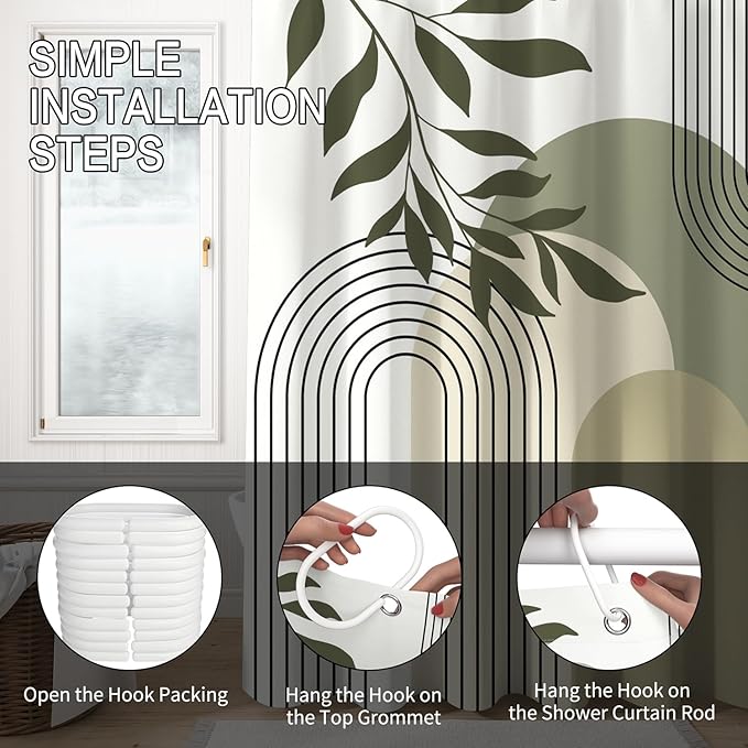 Boho Sage Green Shower Curtain Mid Century Modern Abstract Plant Botanical Bathroom Curtain Minimalist Neutral Geometric Arch Bath Decor Polyester Set with Hooks 72x72 inch
