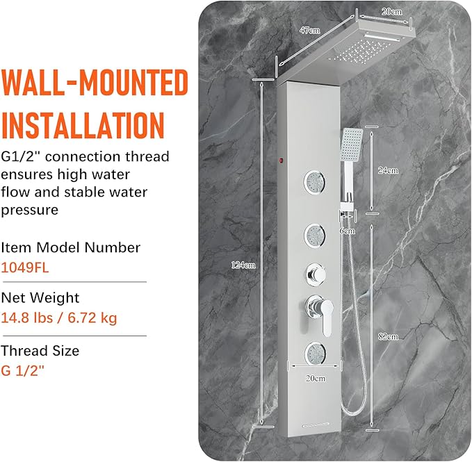 Fuz LED Shower Panel Tower System with Rainfall Waterfall Shower, Brushed Nickel Shower Tower with Jets and Rainfall and Handheld, 5 in 1 Stainless Steel Shower Column High Pressure with Tub Spout