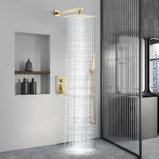 Aolemi Shower Faucet Set with Handheld Brushed Gold 8 Inch Head | Pressure Balance Shower Valve and Trim Kit,SUS304 Rain Head and Handle System,All Metal,Wall Mount,Bathroom,Handheld Spray