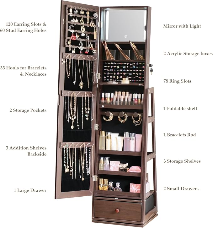 Swivel Full Length Mirror Jewelry Cabinet Standing With Built-In Mirror - 63.7”H Lockable Storage Jewelry Armoire With Mirror Drawers 3 Storage Racks Christmas Gift for Women Brown