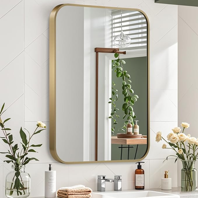 Gold Mirror, 16x24 Inch Framed Rectangle Mirror with Rounded Corner, Brushed Brass Mirror, Gold Bathroom Mirror for Over Sink, Vanity, Living Room, Bedroom, Horizontal/Vertical