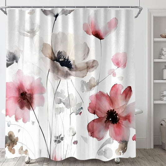 Sanzugh Boho Floral Shower Curtain, Cream Tan Beige Red Grey White Flower Farmhouse Fabric Shower Curtains Set for Bathroom Decorative with Hooks 72 X 72 inch Spring Bath Decor