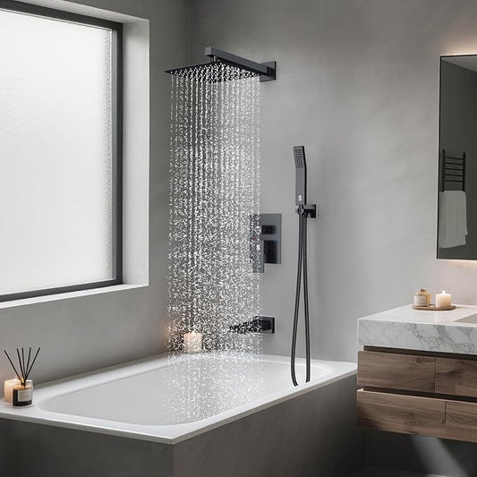 SR SUN RISE 10 Inch All Metal Square Shower System with Tub Spout, Tub Shower Faucet Set, High Pressure Rain Shower Head and Handheld Sprayer Shower Fixtues, Valve Included, Matte Black