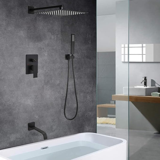 Matte Black Shower Faucet Set with Tub Spout Bathroom Rainfall 12 Inch Shower Head System with Handheld Single Handle Shower Trim Kit with Rough-in Valve