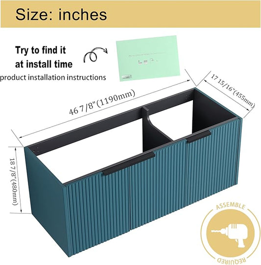 Malwee 48" Floating Bathroom Vanity Without Sink, 48 inch Wall Mounted Bathroom Cabinet, Modern Lake Blue Cabinet with 3 Soft Close Doors, Basin not Include(MA10348DLBE-C)