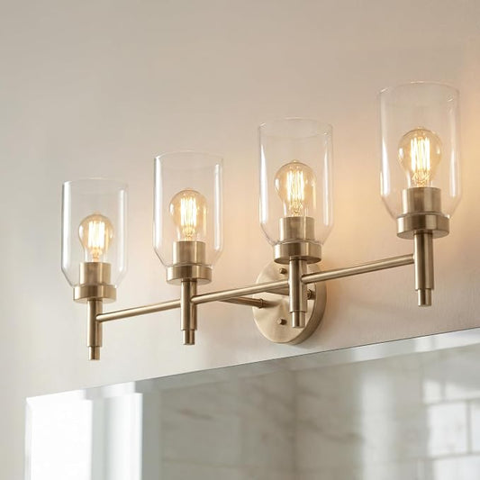 Kichler Madden 4-Light Bathroom Vanity Light, Champagne Bronze | Modern vanity light with clear glass for single or double bathroom mirrors (34" x 10.5"), 55186CPZ