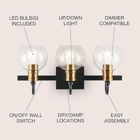 JONATHAN Y 21.5" Black/Brass Gold Vintage Wall Sconce, LED Vanity Light for Bathroom Bedroom Entryway, Clear Glass Globe Shade, Modern Industrial Arched Lamp, LED Bulb Included (JYL3528A)