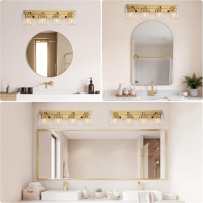4-Light 30inch Brushed Gold Vanity Light, Thickened Clear Glass | Over Mirror for Bathroom, Rust Resistant, E26 Base, Easy Install, Removable Glass Shade Horizontal Mount, Dimmable