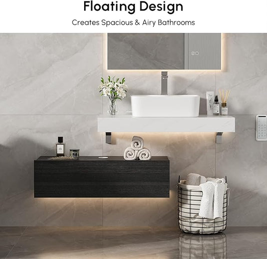 homary 35'' Floating Bathroom Vanity with Sintered Stone Countertop, Wall-Mounted Bathroom Cabinet with Ceramic Sink & Drawer Storage, Waterproof Modern Single Vanity, Black