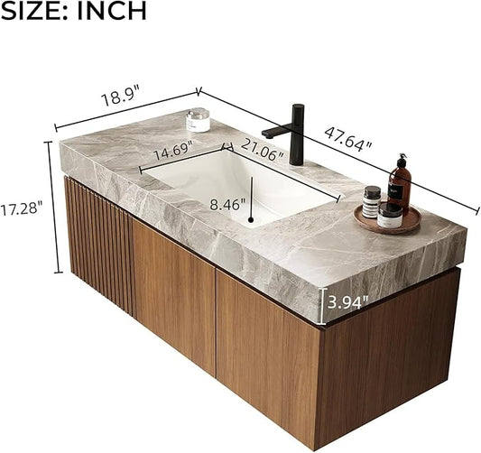 LKTART Floating 48 Inch Bathroom Vanity with Sink, Modern Plywood Wall Mounted Bathroom Storage Cabinet with 2 Doors and 1 Drawer, Light Gray Sintered Stone Countertop and Ceramic Basins