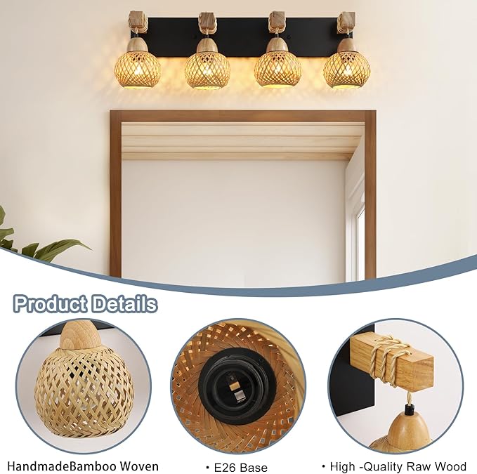 Farmhouse Bathroom Light Fixture, 4-Light Boho Vanity Light, Bamboo Bathroom Light Fixture Over Mirror Rustic Vanity Lighting with Handmade Bamboo Shades, Suit for Restroom, Bedroom, Hallway