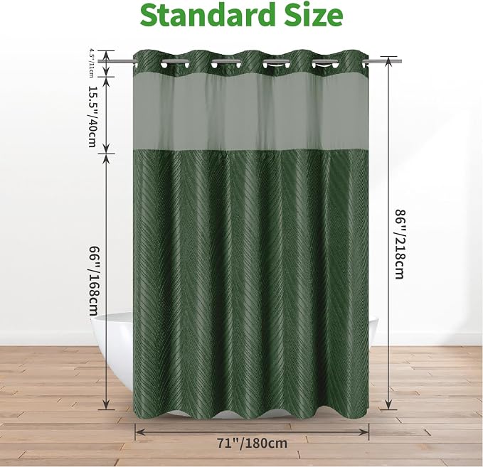 No Hook Shower Curtain and Liner Set,No Hook Tufted Striped Textured Shower Curtain with Snap in Liner Replacement and Waterproof Fabric,Boho Style with See Through Top Window,DarkGreen,71Wx86H