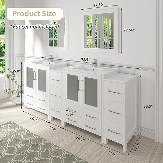 Vanity Art 84 Inch Under Mount Double Sink Bathroom Vanity Cabinet with 2 Mirrors, Ceramic Top Bathroom Cabinet Compact Set with 10 Dovetail Storage Drawers and Brushed Nickel Handles, VA3030-84-W