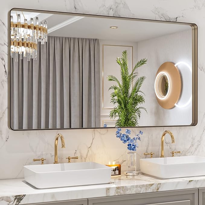 LOAAO 55”X30” Bronze Bathroom Mirrors for Vanity, Rounded Rectangle Brushed Bronze Metal Frame Mirror, Anti-Rust, Tempered Glass, Hangs Horizontally or Vertically | Rounded Rectangle, Brushed Bronze Metal Frame, Anti-Rust, Tempered Glass, Hangs Horizon...