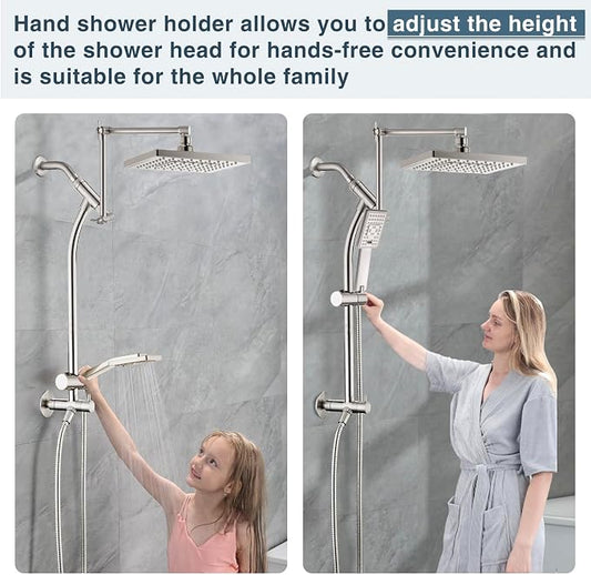 BRIGHT SHOWERS Rain Shower Heads System, Rainfall Shower Head with Handheld Spray Combo Includes Solid Brass Slide Bar, Height Adjustable Holder, Shower Extension Arm and 60" Long Hose, Brushed Nickel