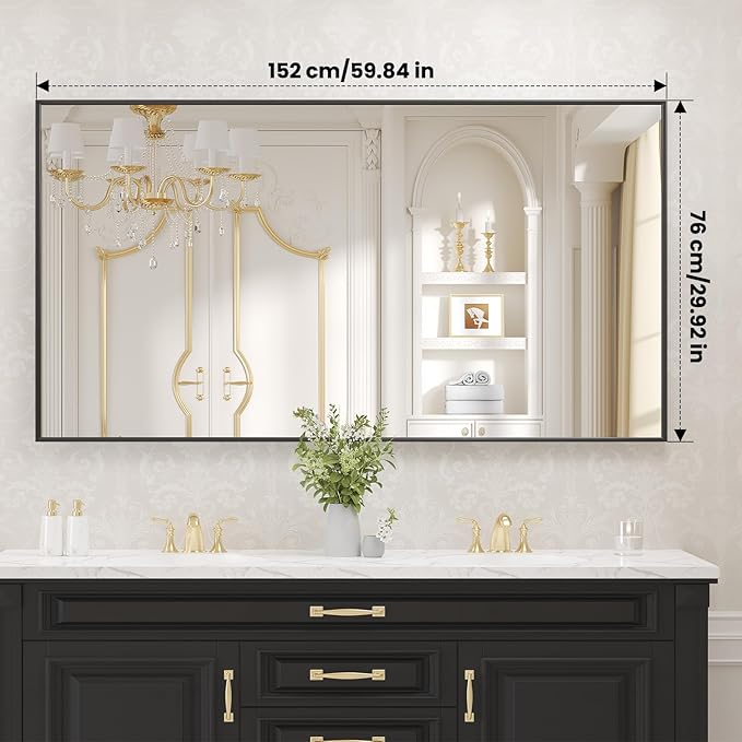 LOAAO Black Bathroom Mirror 60"X30" | Tempered Glass, Hangs Vertically or Horizontally, Easy to Install, Wall Mounted, Modern Design