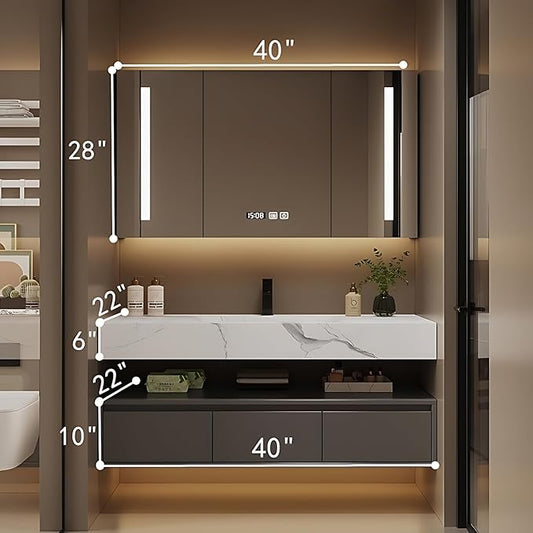Bathroom Vanity with Sink - Single/Double Sink Bathroom Vanity Cabinet & LED Smart Defogger Mirror Cabinet Set, Modern Floating Vanity, Wall-Mounted Installation (Single Sink, 40")