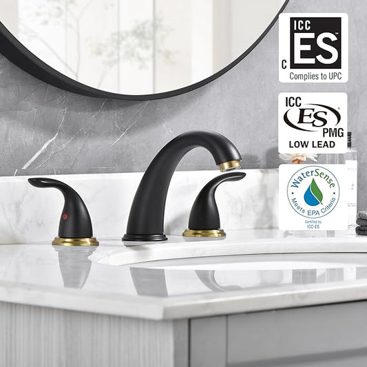 sumerain 8 Inch Widespread Bathroom Faucet 3 Hole Vanity Faucet SUS 304 Stainless Steel, Black&Gold