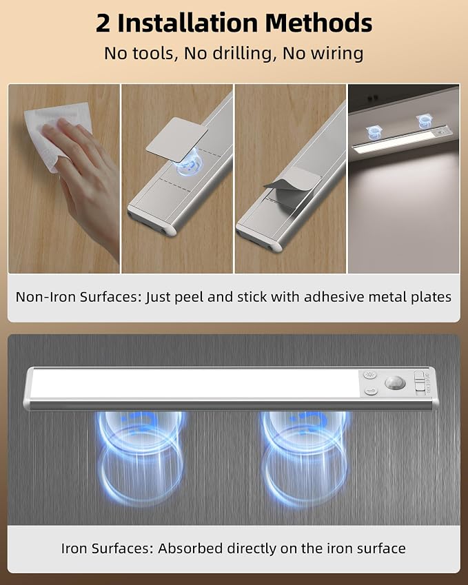 EZVALO 10inch Under Cabinet Lighting, 2500mAh Rechargeable Motion Sensor Lights Indoor with 3 Color Temps, 2 Pack Magnetic Closet Light, 80 LED Dimmable Under Counter Lights for Kitchen, Shelf, Stair