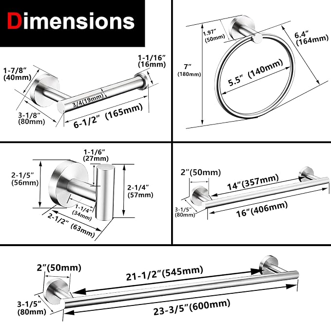 12 Pieces Brushed Nickel Bathroom Hardware Accessories Set Hand Towel Ring 16&23.6 inch Round Towel Bar Silver Toilet Paper Holder Towel Hooks 4 Pieces SUS 304 Stainless Steel,Heavy Duty,Wall Mounted