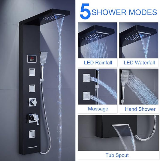 5-in-1 LED Shower Panel Tower System Stainless Steel Black | Rainfall + waterfall heads | Body jets | Handheld wand | Temp display | LED lights | Wall mount