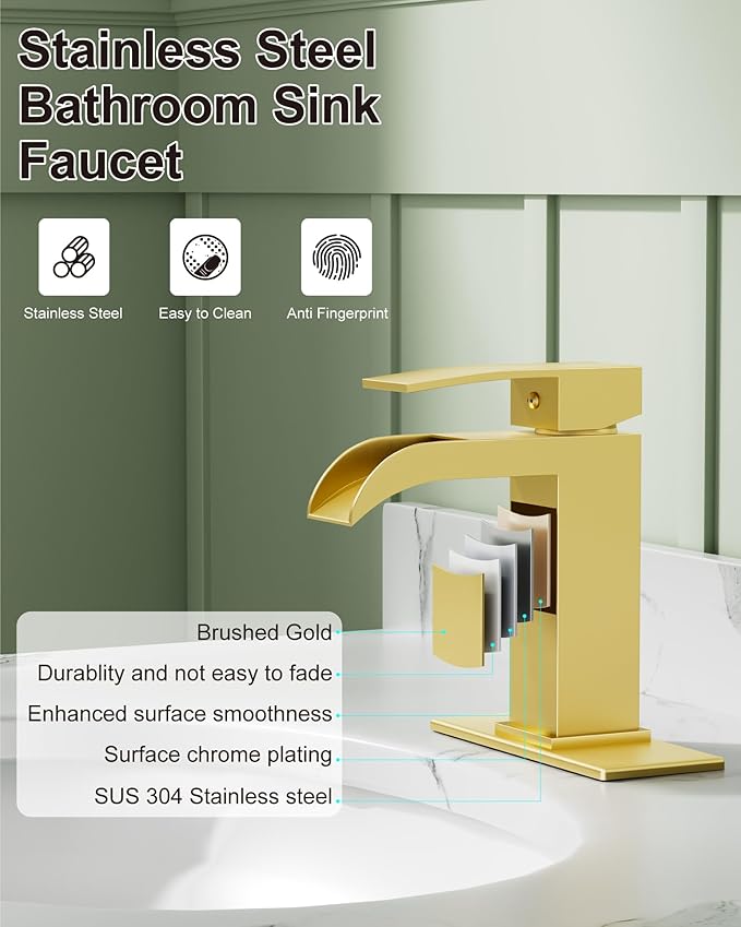 Midanya Waterfall Bathroom Faucet, Single Handle Bathroom Sink Faucet for Sink 1 or 4 Inch 3 Hole, Stainless Steel Vanity Faucets with Deck Plate and Pop up Drain,Brushed Gold
