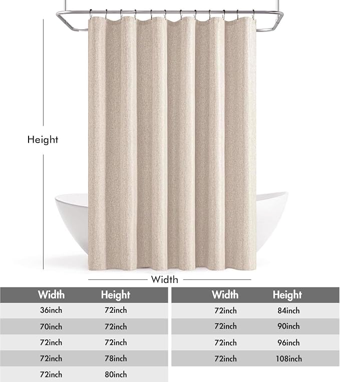 ANRODUO Beige Extra Long Linen Fabric Shower Curtain Set - W72xL108 | Farmhouse Shower Curtain with 12 Metal Hooks, Waterproof Heavy Duty, Button Hole Design, Machine Washable for Bathroom