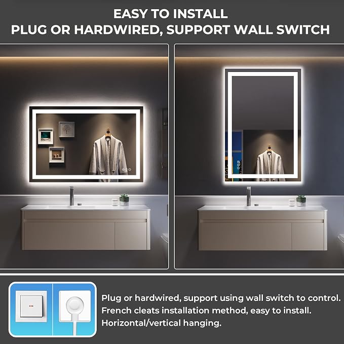 48x32 LED Bathroom Mirror with Lights, Lighted Vanity Mirror | Backlit and Front Light, Anti-Fog, 3 Color Dimmable, Memory, Tempered Glass, IP54 Waterproof, UL Listed