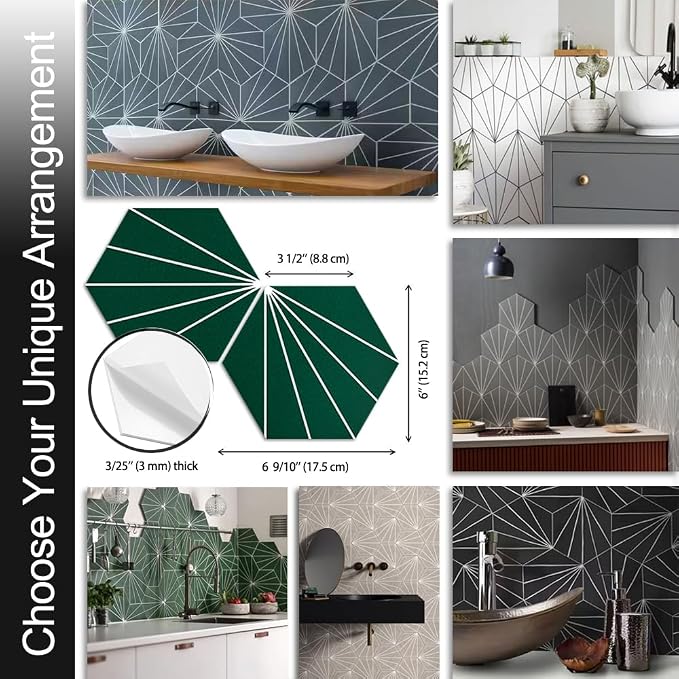 AULIGET Flower Vintage Hexagon Tile Peel and Stick Backsplash, 6"x7" Self Adhesive Wall Tiles in Green (Pack of 45)