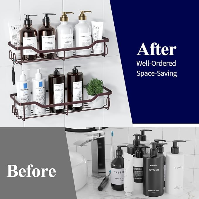 Kitsure Shower Caddy, Adhesive Shower Organizer, Large, Brown | Stainless Steel Shelf for Inside Shower, No Drill Bathroom Organizers and Storage, Home Decor Accessories