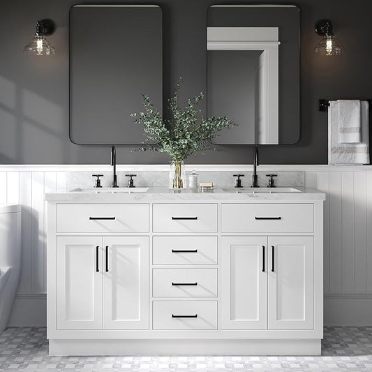 ARIEL Hepburn 60-inch Bathroom Vanity Base Cabinet,Solid Wood, 4 Soft Closing Doors, 6 Dovetail Drawers, White