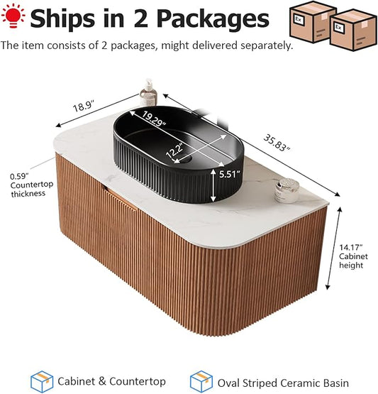 36 inch Floating Bathroom Vanity with Sink, Wall-Mount Cabinet with Ultra-Thin Ceramic Basin and Marble Top, Large Storage Drawer, Soft-Close Design, Nature Wood with Black
