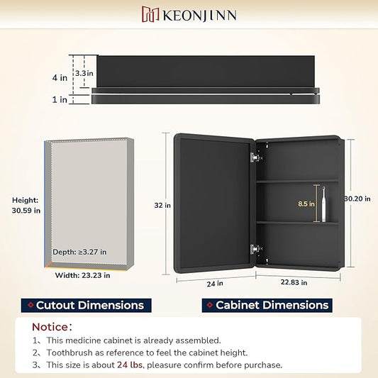 Keonjinn 24 x 32 Inch Brushed Nickel Mirrored Medicine Cabinet, Recessed Medicine Cabinets for Bathroom, Stainless Steel Framed, Stepless Adjustable Shelves, in Wall or Surface Mount, Modern Style