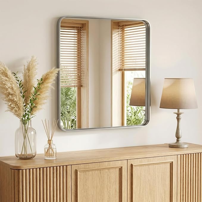 Sweetcrispy Bathroom Mirror 32x28 Inch, Vanity Mirror for Wall | Metal Framed Rounded Rectangle, Over Sink, Farmhouse, Restroom, Anti-Rust, Horizontal or Vertical Hanging, Silver