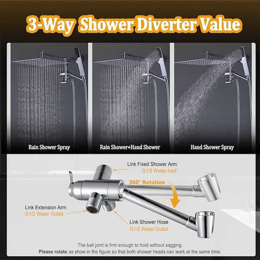 All Metal 12" Rainfall Shower Head with Handheld Spray Combo, High Pressure Rain Shower Heads with Adjustable Extension Arm, Wide Dual Waterfall Showerhead, Extra Long Shower Hose - Polished Chrome
