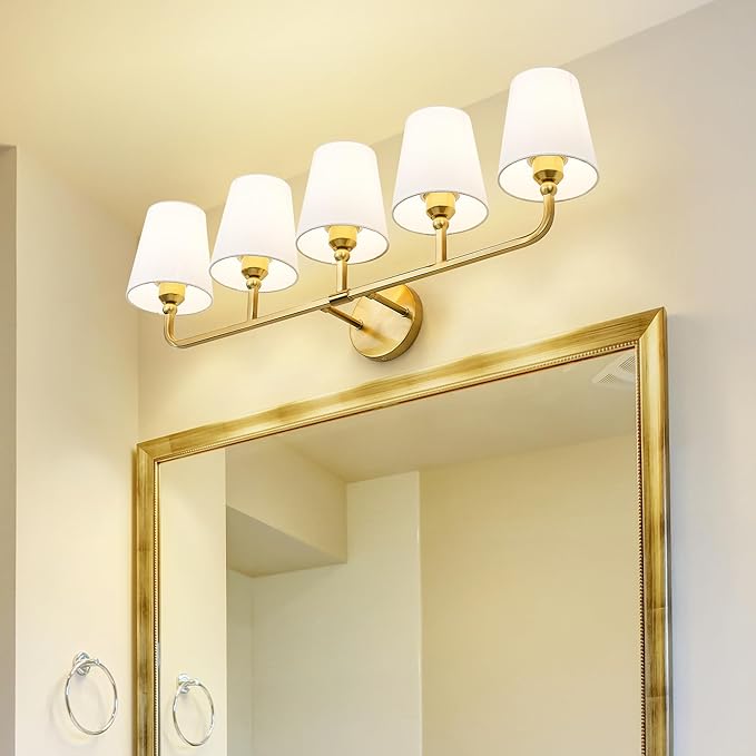 5-Light Brushed Gold Bathroom Vanity Light, White Fabric Shades | Ideal for 40-52" mirrors, 35" bathroom light fixtures over mirror, upward only, E26 base, bulbs not included, VL837-BG-5