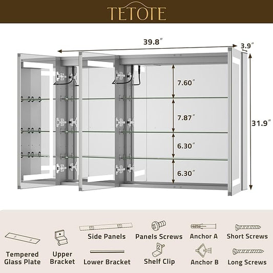 TETOTE 48 x 32 Lighted Medicine Cabinet with LED Lights, 3 Door Recessed or Wall Mount Bathroom Cabinet, Led Vanity Cabinet Mirror, Tempered Glass, Outlets & USB, Adjustable Shelf, 3-Color Lights