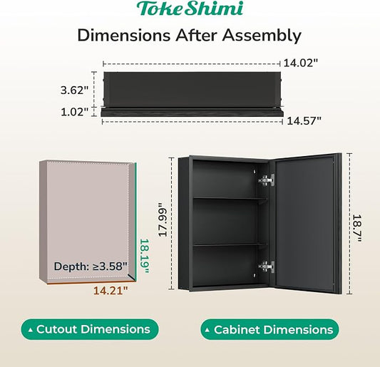14 x 18 Recessed Medicine Cabinet, Assembly Required, Black Bathroom Medicine Cabinet with Mirror, Stepless Adjustable Shelves, Tempered Glass, Beveled Aluminum Frame